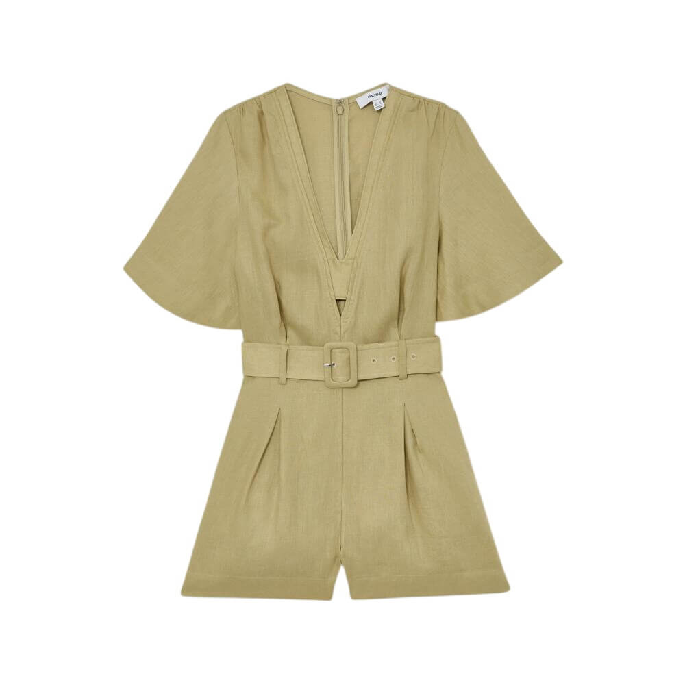 REISS Sansi Linen Short-Sleeve Belted Playsuit